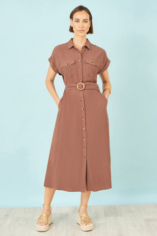Yumi Brown Viscose Linen Look Midi Shirt Dress With Wooden Belt