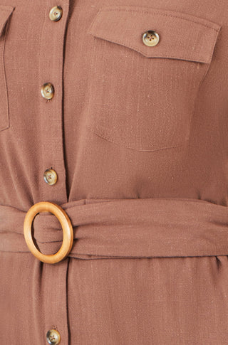 Yumi Brown Viscose Linen Look Midi Shirt Dress With Wooden Belt