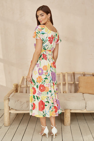 Yumi White Big Floral Midi Dress