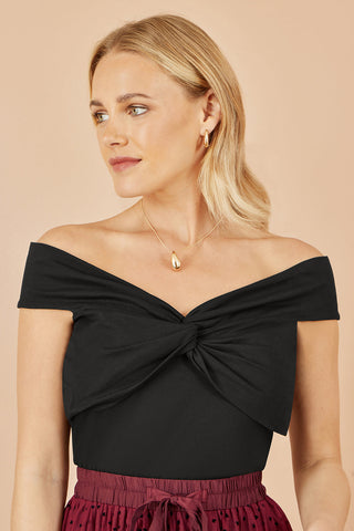 Yumi Black Jersey Cotton Bardot Top With Knot Detail