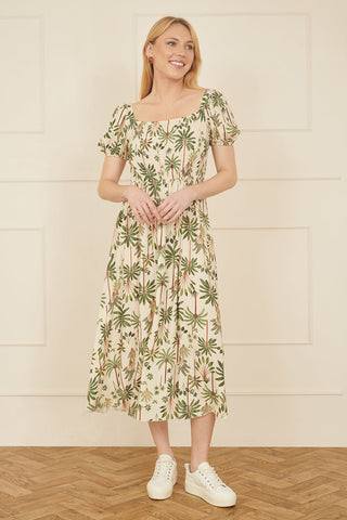 Yumi White Cotton Palm Print Ruched Midi Dress