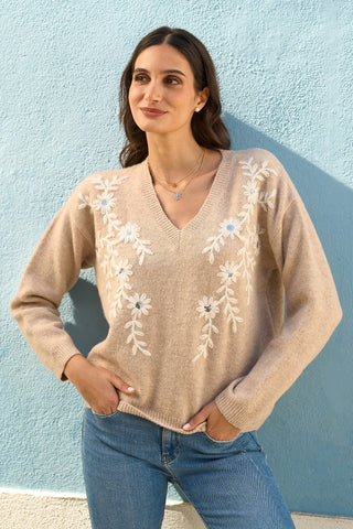 Yumi Oatmeal Floral Embroidered V Neck Relaxed Knitted Jumper
