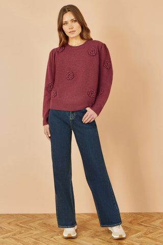 Yumi Burgundy Knitted Jumper With Crochet Flowers