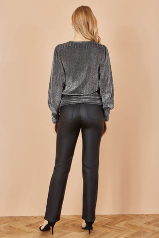 Yumi Black Metallic Stretch Ruched Hem Top