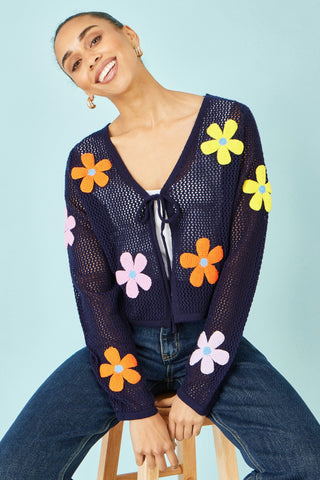 Yumi Navy Tie Front Cardigan With Flower Design