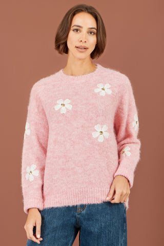 Yumi Pink Relaxed Jumper With Crochet Flowers