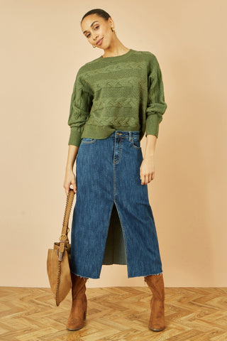 Yumi Green Cable Knit Relaxed Fit Jumper