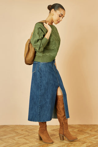 Yumi Green Cable Knit Relaxed Fit Jumper