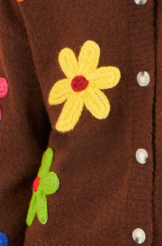 Yumi Brown Knitted Flower Applique Cardigan