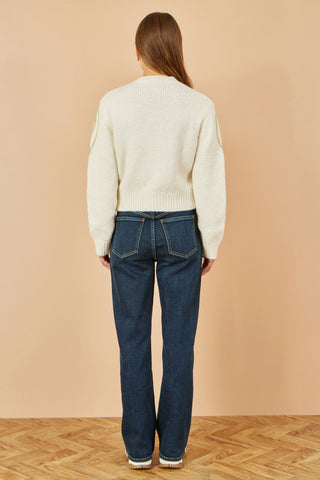 Yumi Beige Flower Embroidered Chunky Knit Cardigan