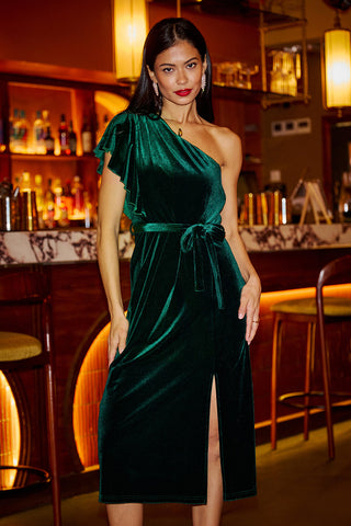 Yumi Green Velvet Frill One Shoulder Midi Dress With Split Hem