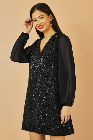 Yumi Black Sequin Tunic With Tie Back And Sheer Sleeves