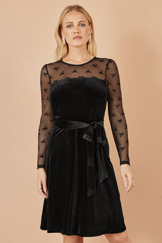 Yumi Black Velvet Skater Dress With Mesh Bow Sleeves