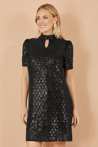 Yumi Black Sequin Tunic Dress with Chevron Pattern & Keyhole Neckline