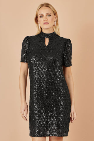 Yumi Black Sequin Tunic Dress with Chevron Pattern & Keyhole Neckline