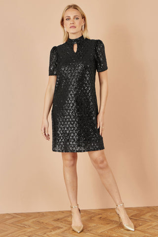 Yumi Black Sequin Tunic Dress with Chevron Pattern & Keyhole Neckline