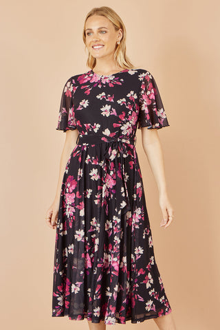 Yumi Black Mesh Skater Floral Midi Dress