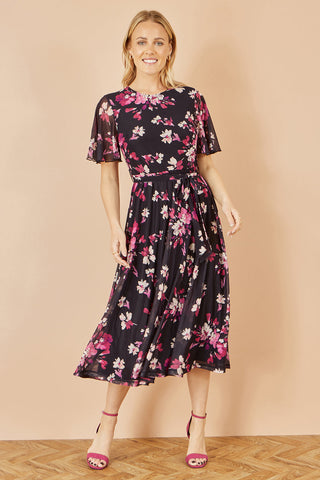 Yumi Black Mesh Skater Floral Midi Dress