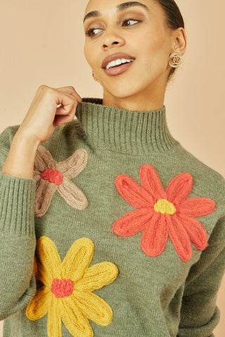 Yumi Green Knitted High Neck Jumper With Applique Flowers