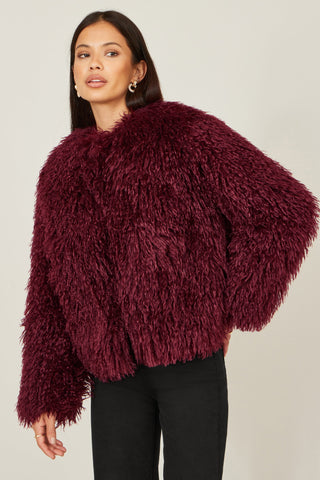 Yumi Burgundy Luxe Fluffy Faux Fur Coat