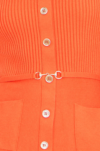 Yumi Orange Rib Knitted Skater Dress With Buckle Detail