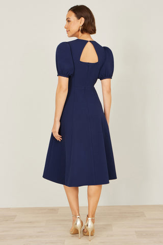Yumi Navy Skater Dress With Puff Sleeves And Buckle Detail