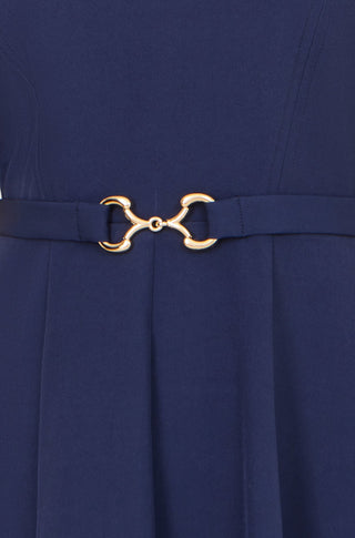 Yumi Navy Skater Dress With Puff Sleeves And Buckle Detail