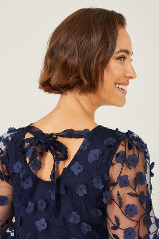 Yumi Navy Long Sleeve Floral Applique Tunic