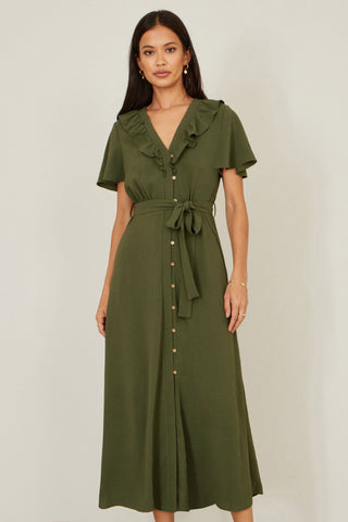 Yumi Green Ruffle Collar Midi Shirt Dress