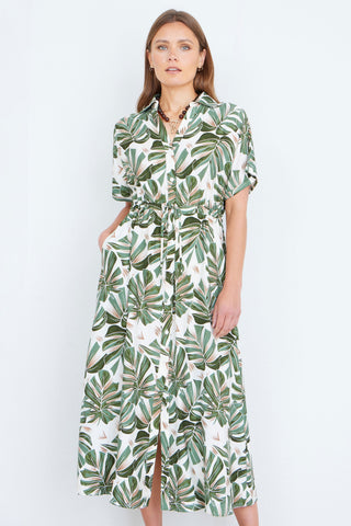 Yumi Green Viscose Leaf Print Relaxed Midi Dress