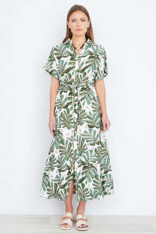 Yumi Green Viscose Leaf Print Relaxed Midi Dress