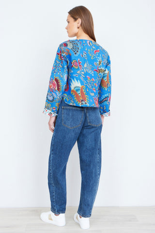 Yumi Blue Boho Print Cotton Reversible Quilted Jacket