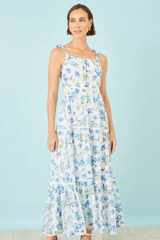 Yumi White Butterfly Print Lace Trim Maxi Dress