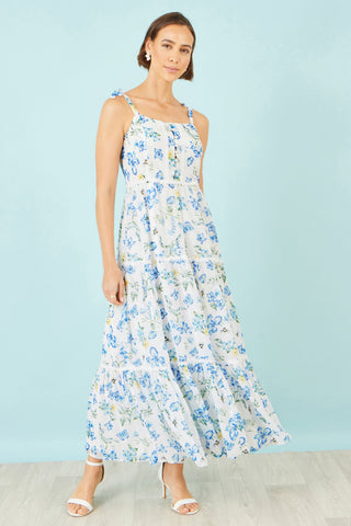 Yumi White Butterfly Print Lace Trim Maxi Dress