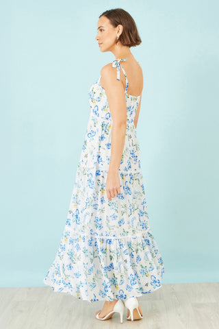 Yumi White Butterfly Print Lace Trim Maxi Dress