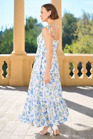 Yumi White Butterfly Print Lace Trim Maxi Dress