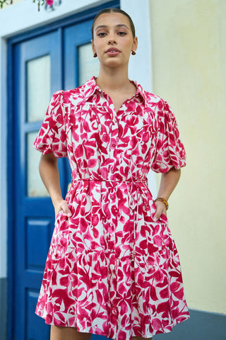Yumi Pink Floral Print Viscose Relaxed Shirt Dress