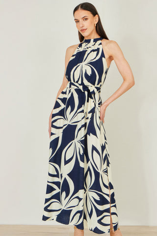 Yumi Navy Geo Swirl Print Halter Maxi Dress