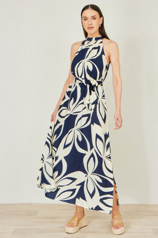 Yumi Navy Geo Swirl Print Halter Maxi Dress