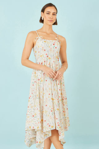 Yumi White Botanical Embroidery Fabric Handkerchief Hem Dress