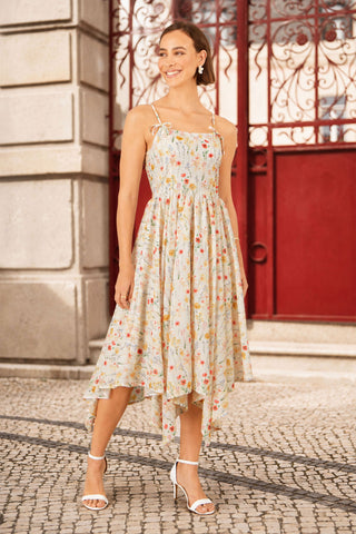 Yumi White Botanical Embroidery Fabric Handkerchief Hem Dress