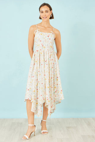 Yumi White Botanical Embroidery Fabric Handkerchief Hem Dress