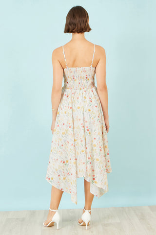 Yumi White Botanical Embroidery Fabric Handkerchief Hem Dress