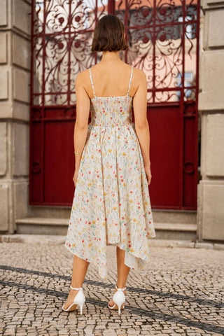 Yumi White Botanical Embroidery Fabric Handkerchief Hem Dress