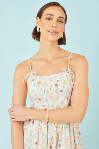 Yumi White Botanical Embroidery Fabric Handkerchief Hem Dress