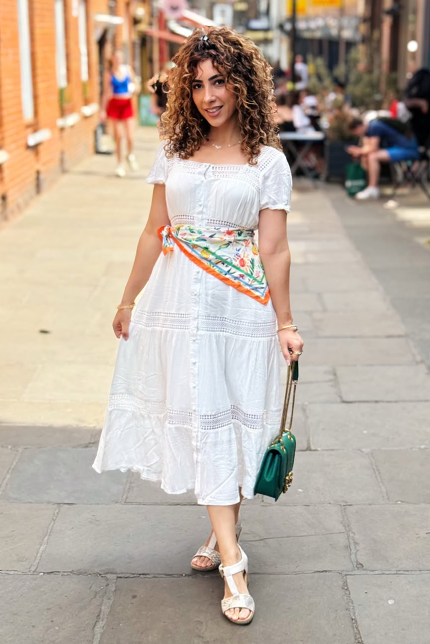 Yumi White Cotton Square Neckline Lace Midi Dress – Hstrends