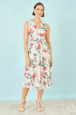 Yumi Ivory Blurred Floral Print Mesh Stretch Midi Dress With Pockets