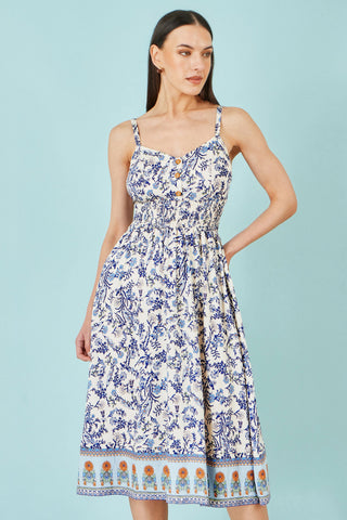 Yumi White Floral Border Print Viscose Midi Sun Dress