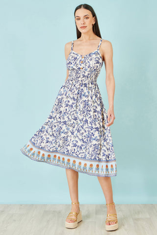 Yumi White Floral Border Print Viscose Midi Sun Dress