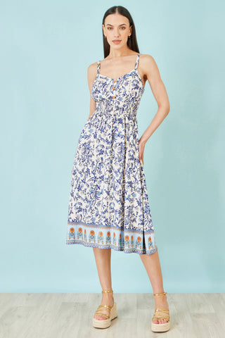 Yumi White Floral Border Print Viscose Midi Sun Dress